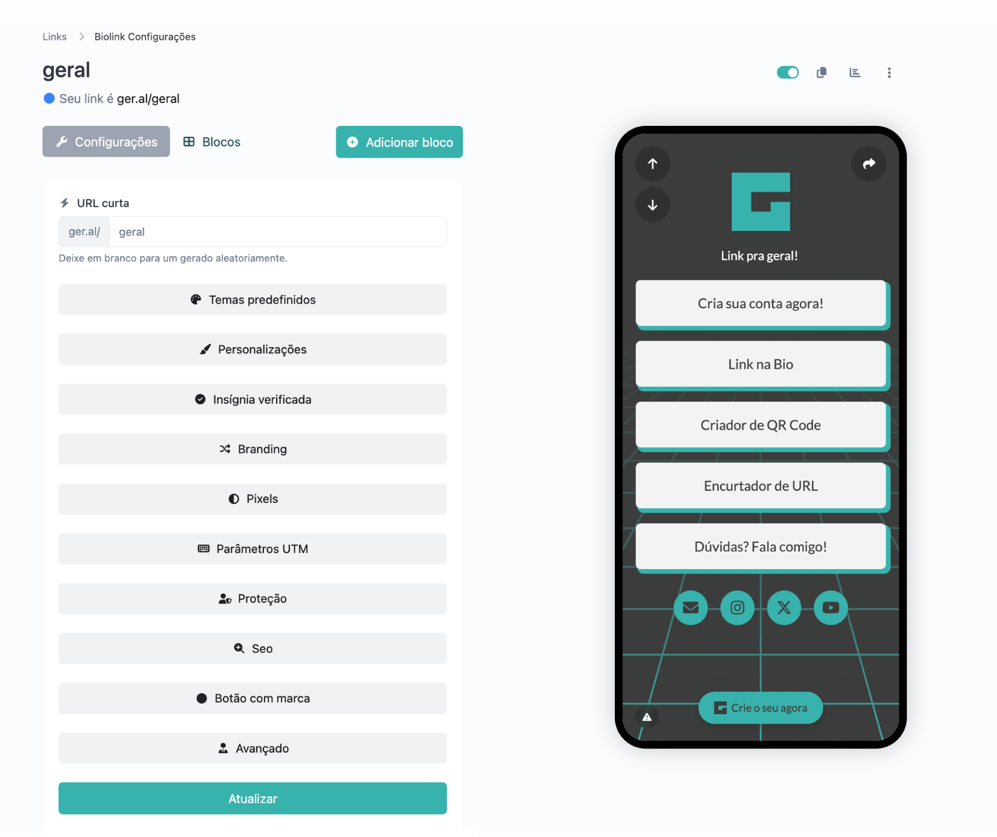 Screenshot of the app biolink editing page